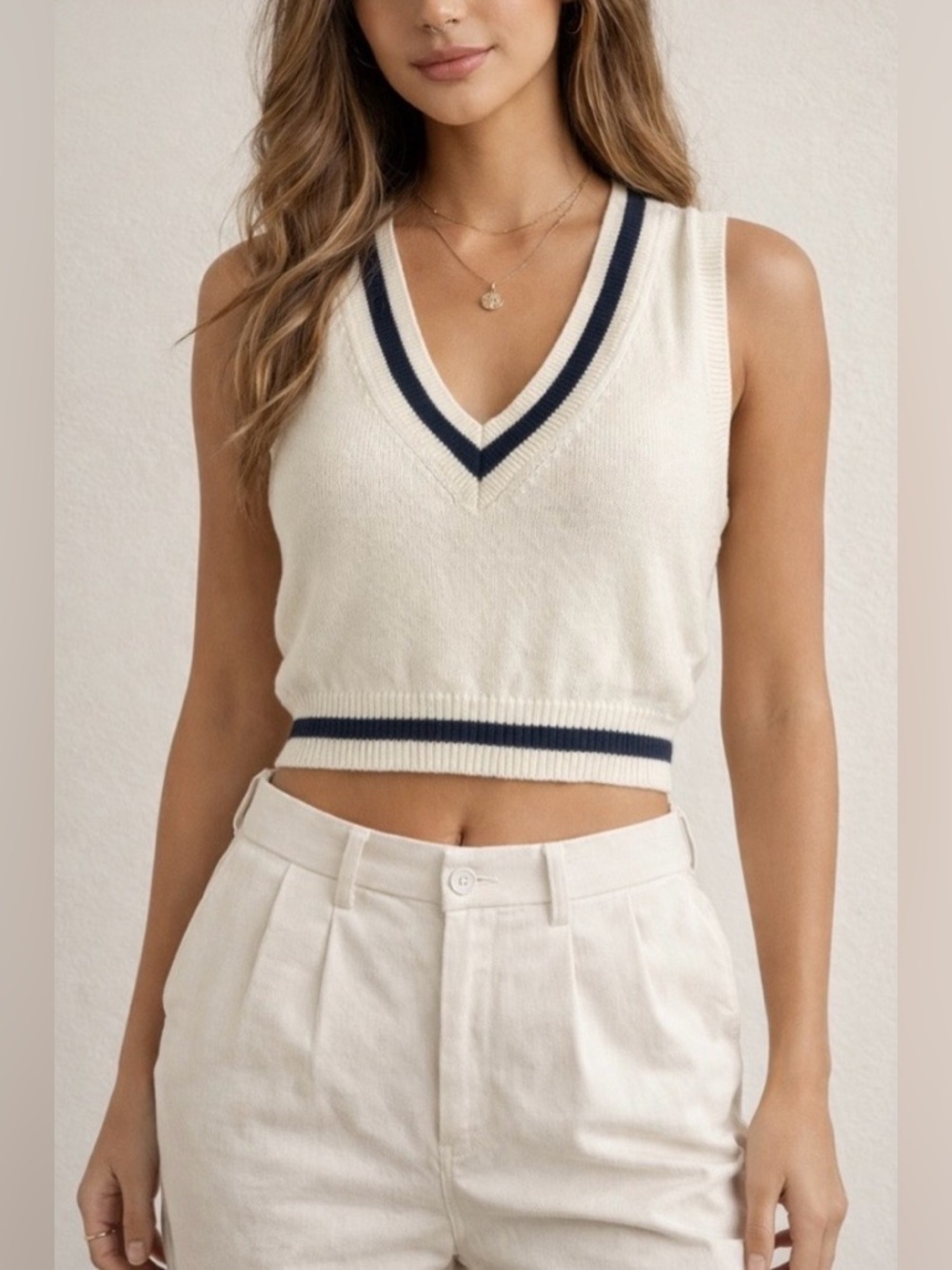 Aritzia Sunday Best Cream Cropped V-Neck Cotton Knit Vest preppy tennis nautical
